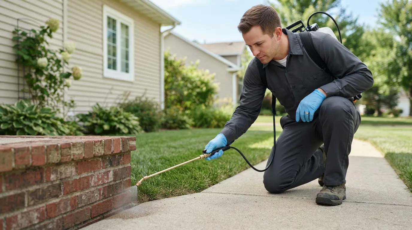 Pest control technician treating a home near Bristolville, OH